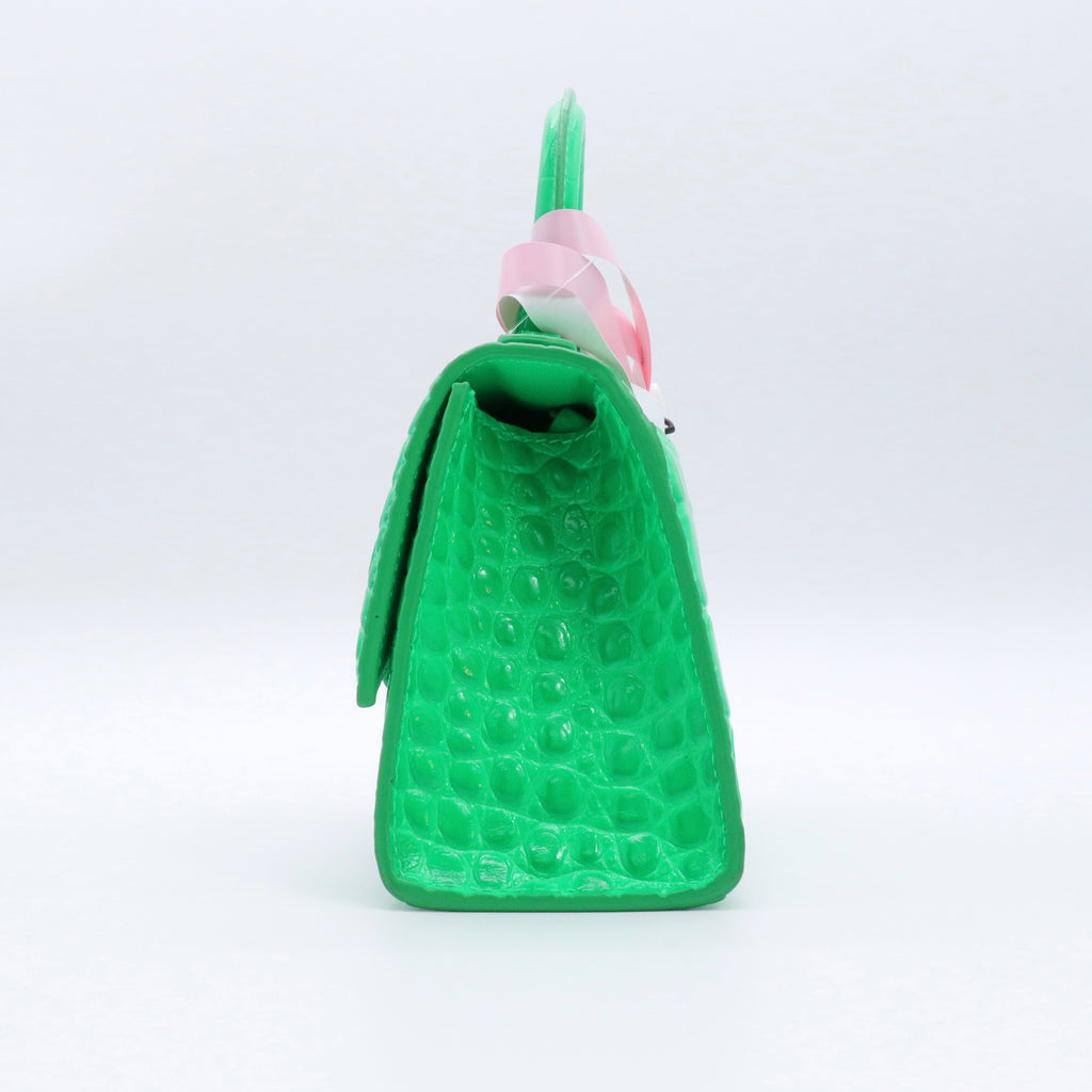 Shiny Calfskin Crocodile Embossed Hourglass Top Handle Bag  twins