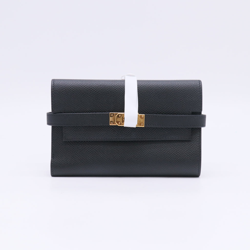 Hermes Noir Epsom Leather Kelly Depliant Medium Trifold Wallet w/ Box W22916