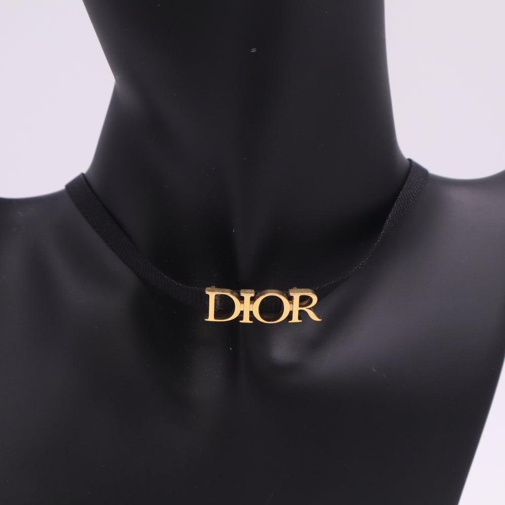 Christian Dior Grosgrain Ribbon Dior Logo Choker Necklace Black twins LDJ4904