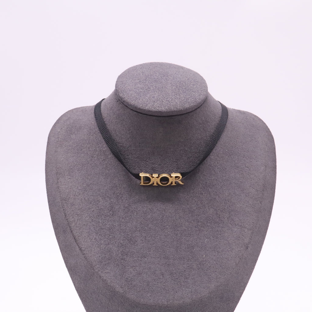 Christian Dior Grosgrain Ribbon Dior Logo Choker Necklace Black twins LDJ4904