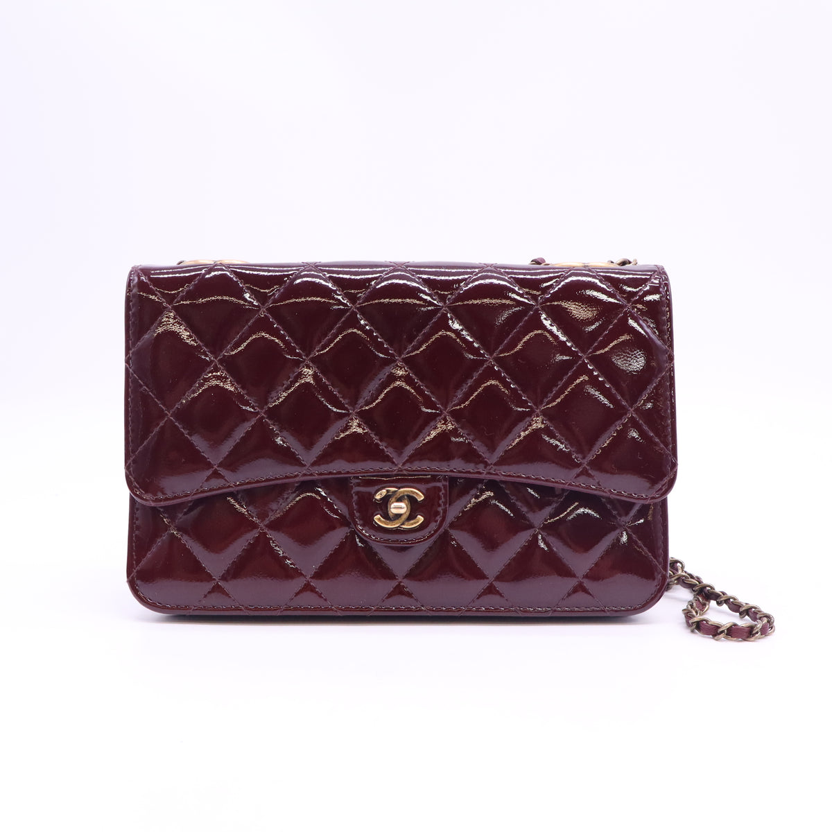 Chanel Burgundy Quilted Patent Leather Eyelet WOC Clutch Twins B24988