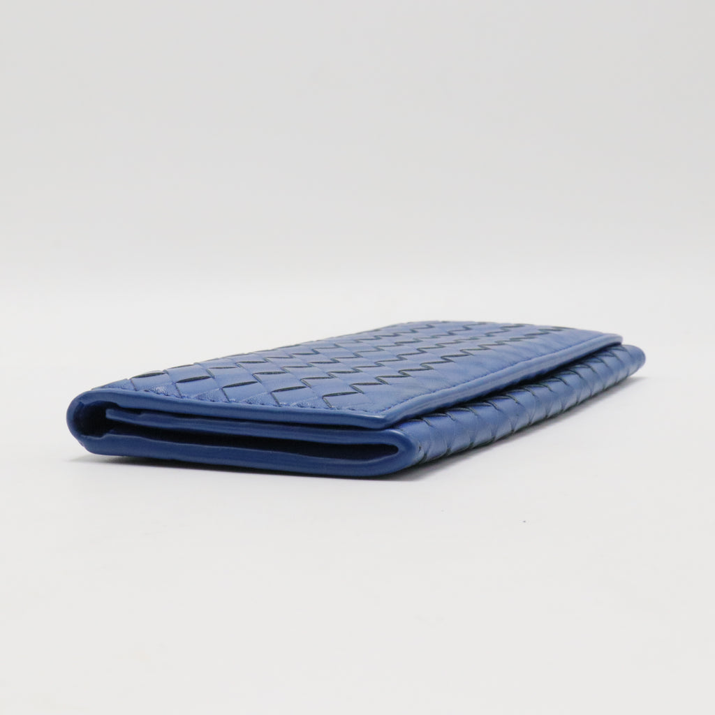 Long Bifold Wallet Intrecciato Leather Blue