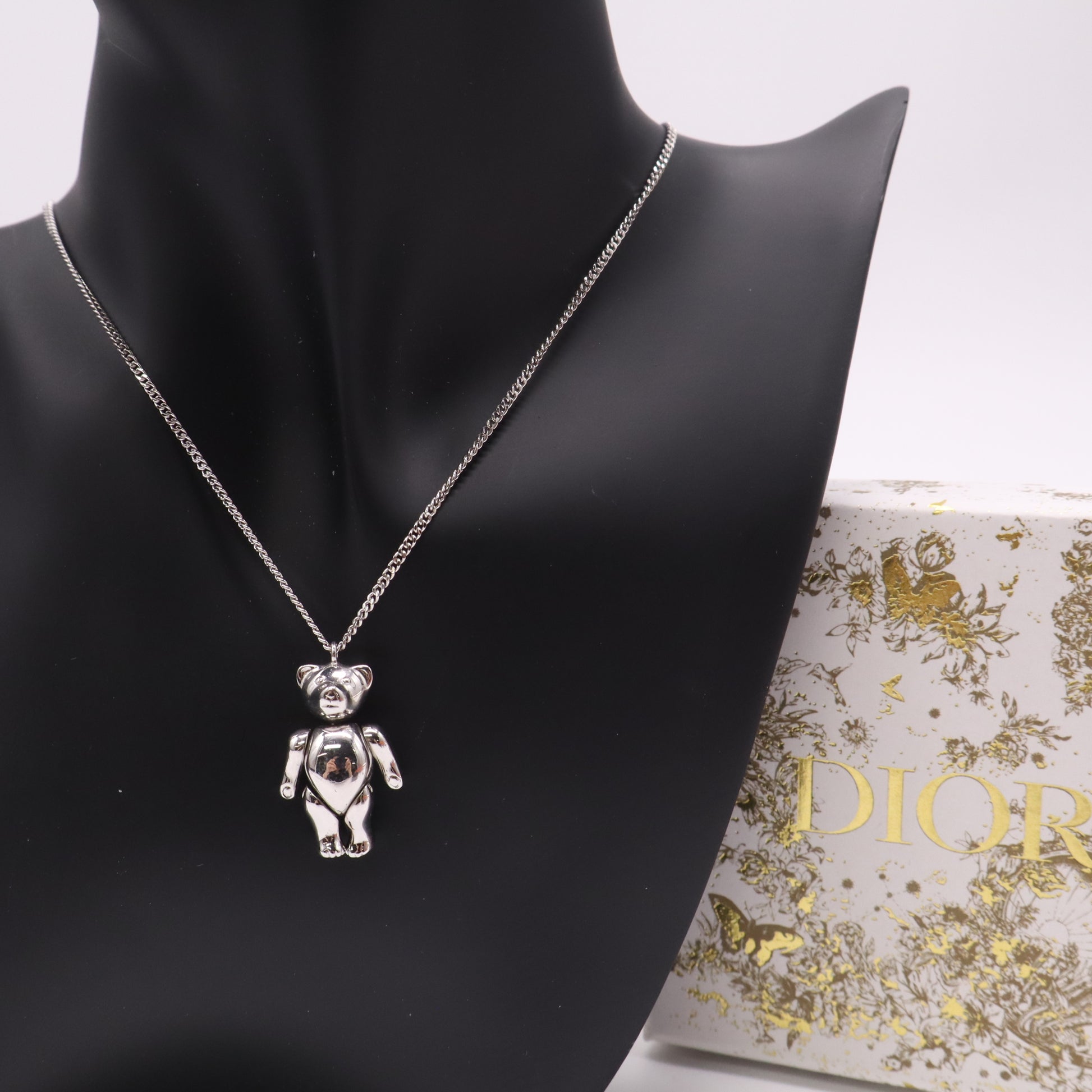 Christian Dior Teddy Bear Necklace Silver twins LDJ4907