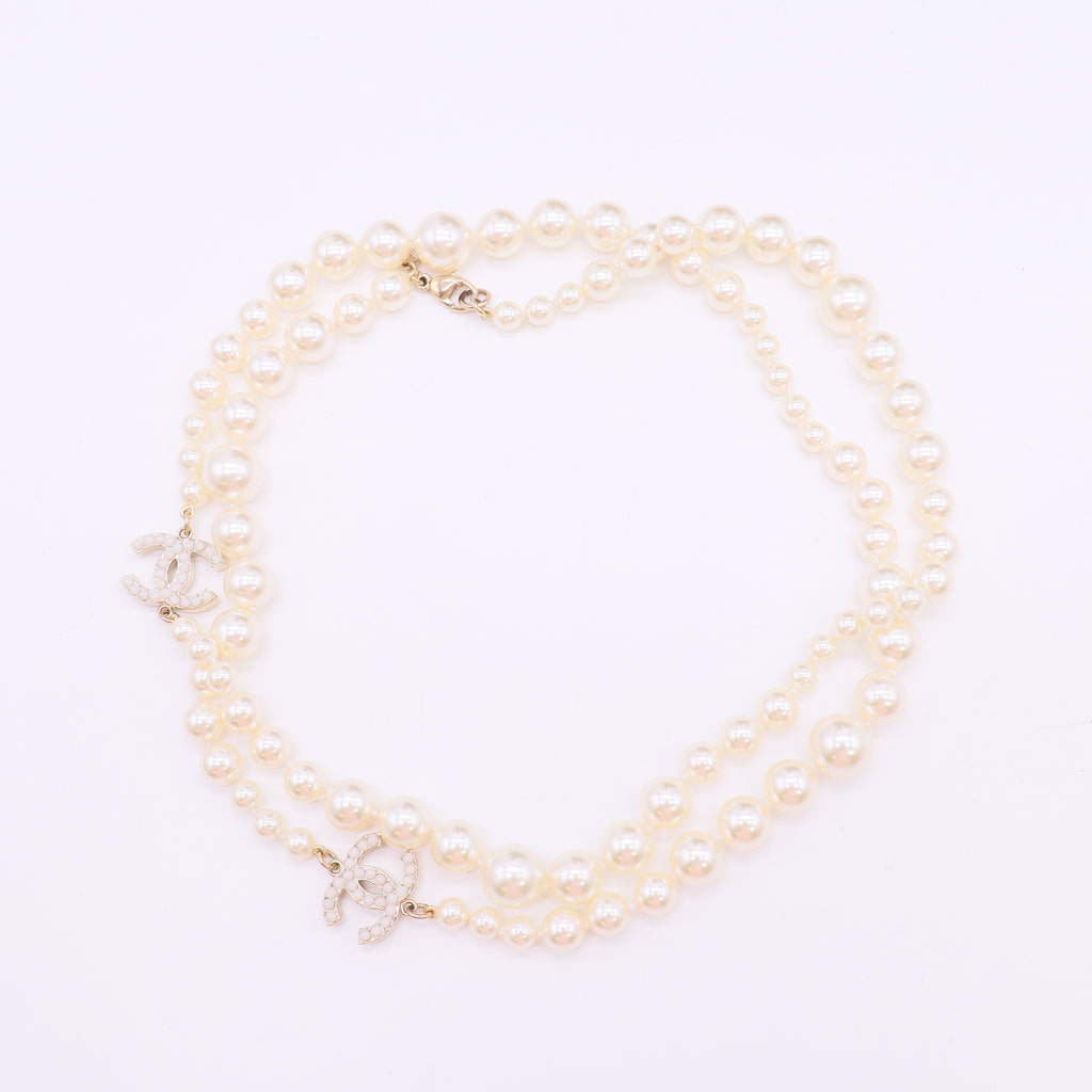 Chanel Ivory Faux Double Strand Necklace with Embellished CC Pendants W22968