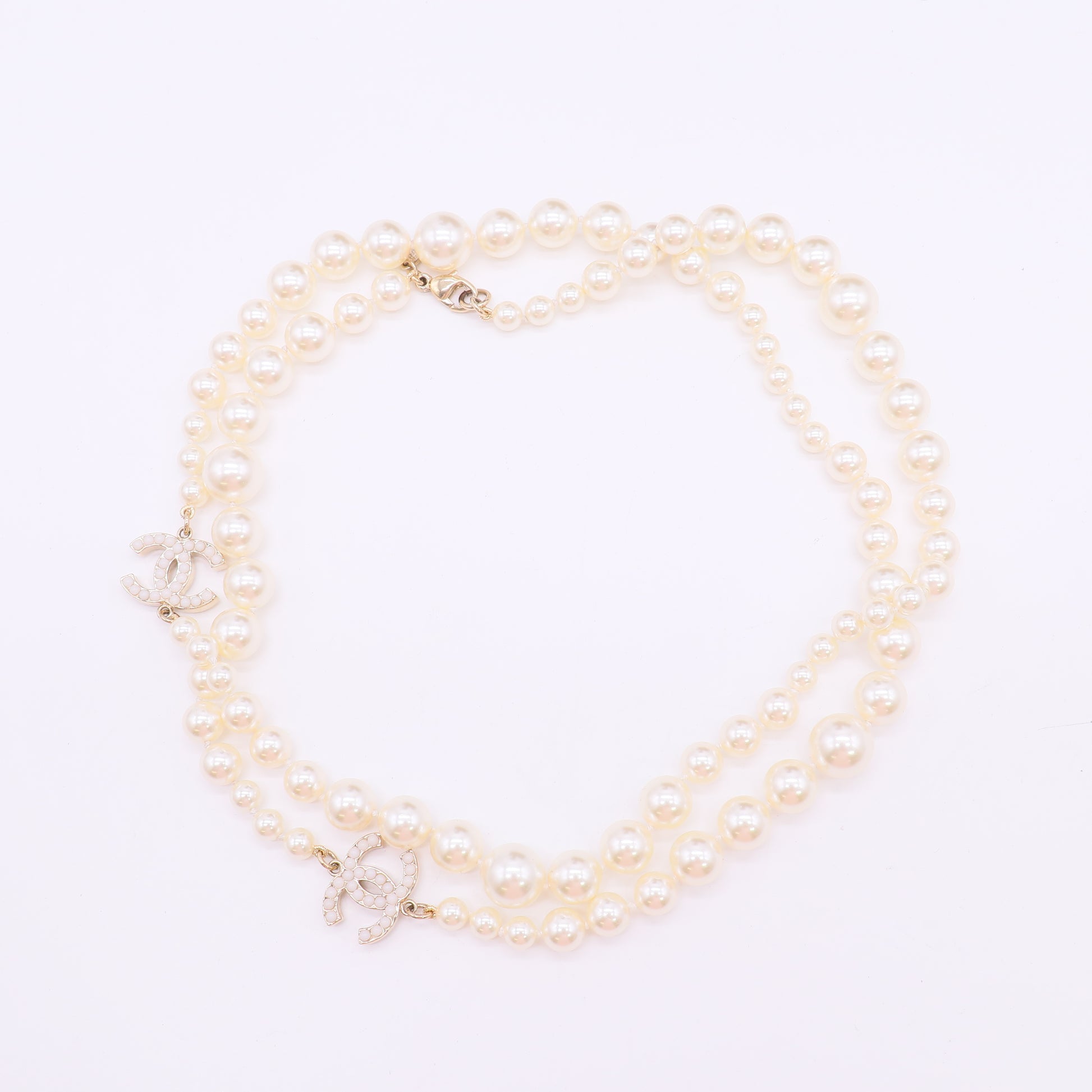 Chanel Ivory Faux Double Strand Necklace with Embellished CC Pendants W22968