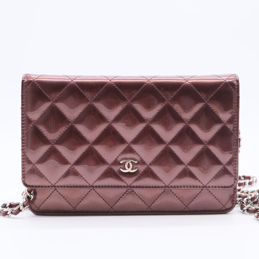 Metallic Striated Patent Quilted Wallet on Chain WOC Bronze
