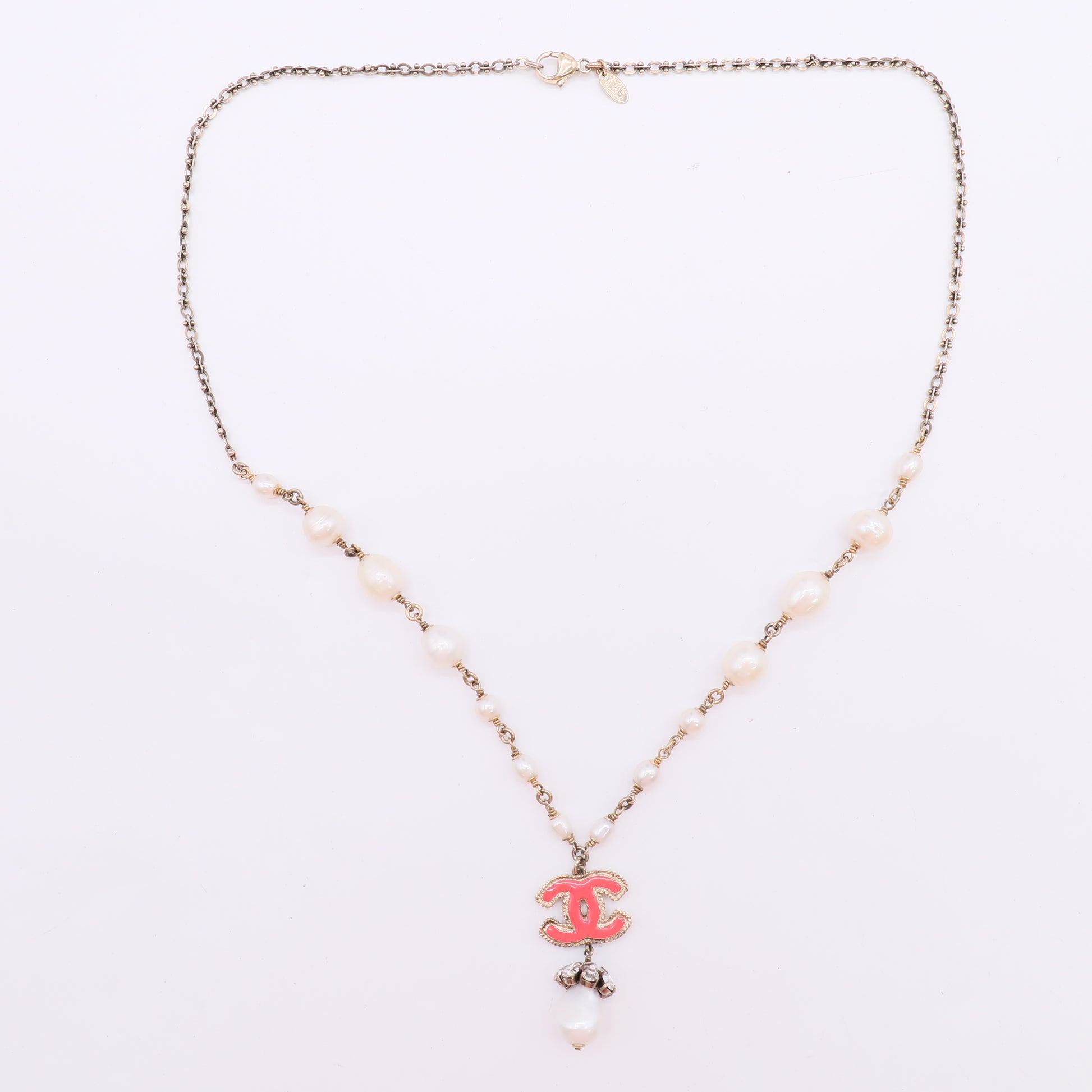Chanel Goldtone Chain and Faux Pearl CC Drop Necklace twins LDJ4908