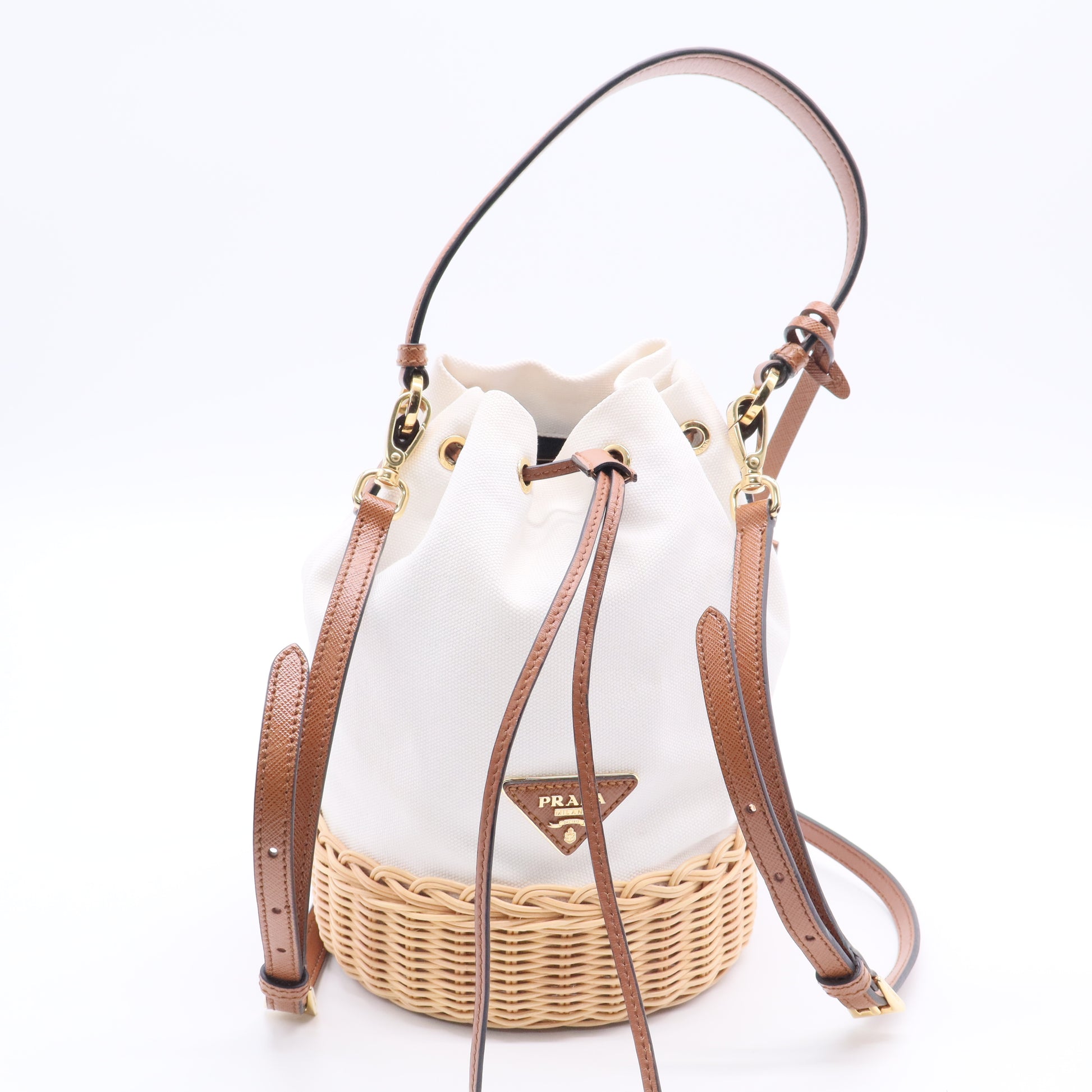 Prada Drawstring Bucket Bag Canvas and Wicker Medium Twins B20100