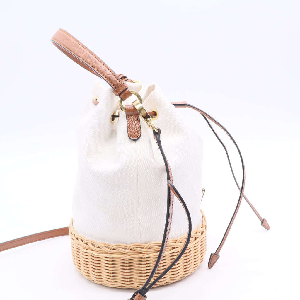 Prada Drawstring Bucket Bag Canvas and Wicker Medium Twins B20100