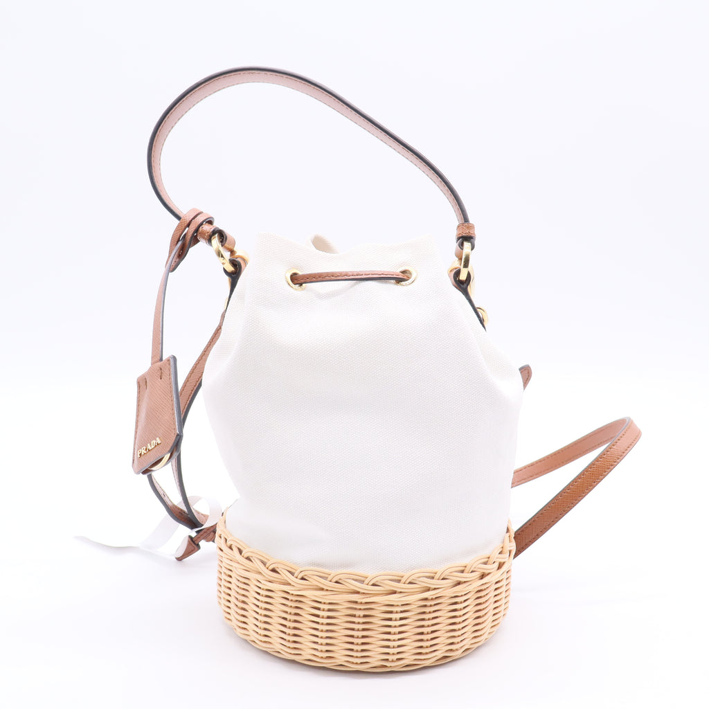 Prada Drawstring Bucket Bag Canvas and Wicker Medium Twins B20100