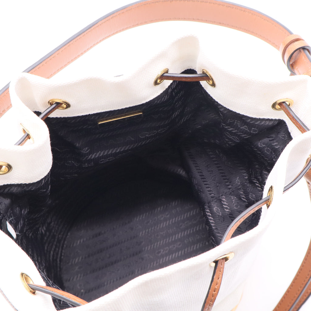 Prada Drawstring Bucket Bag Canvas and Wicker Medium Twins B20100