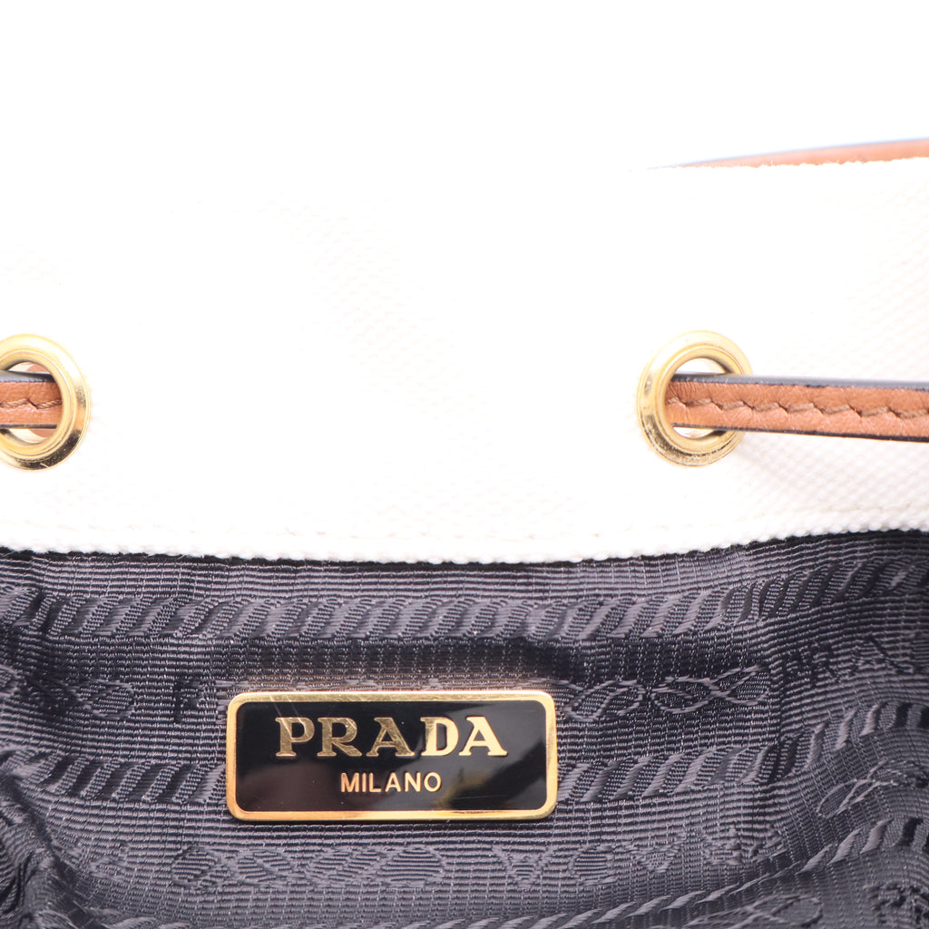Prada Drawstring Bucket Bag Canvas and Wicker Medium Twins B20100