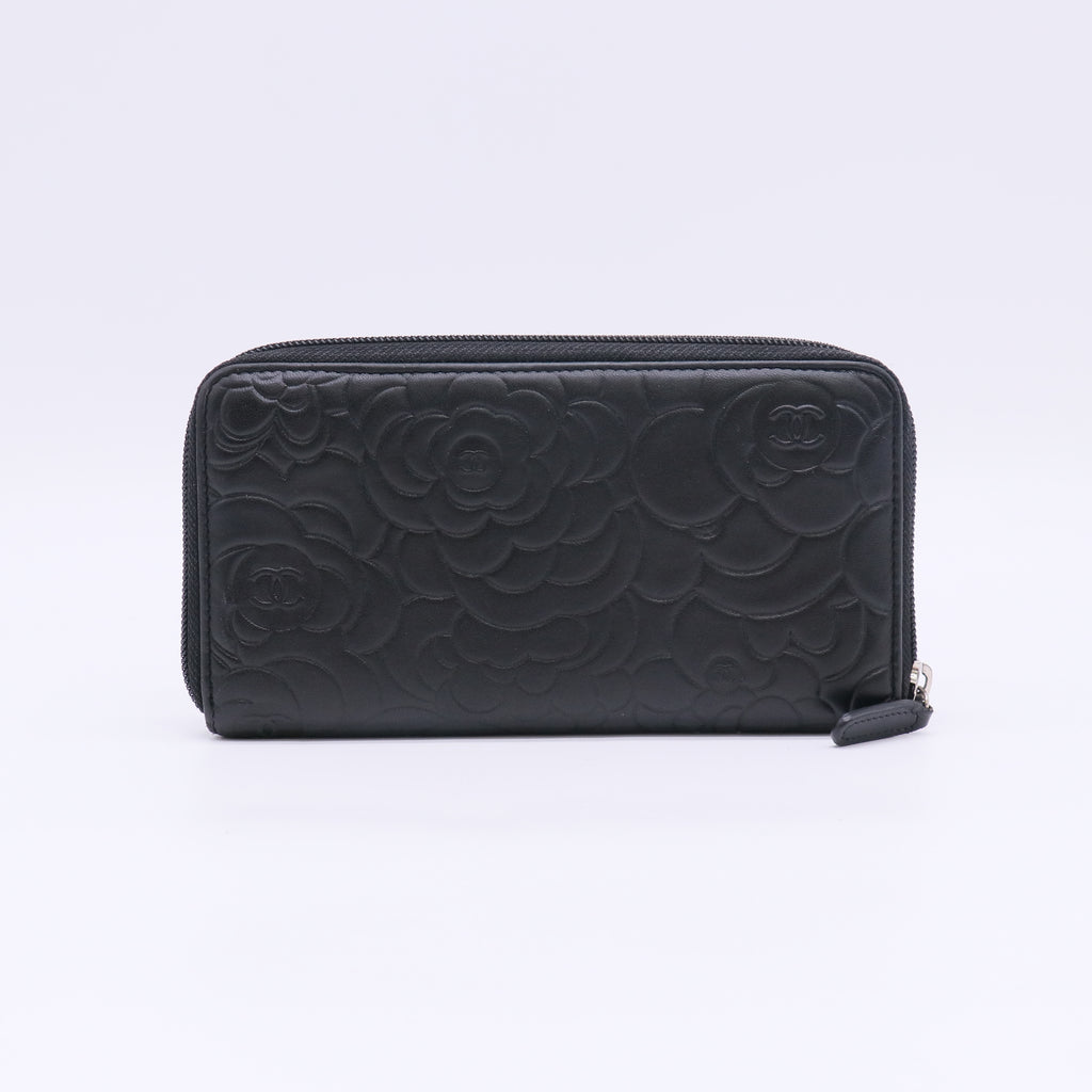 Chanel Camellia Embossed Lambskin Leather Zip Around Long Wallet W22900