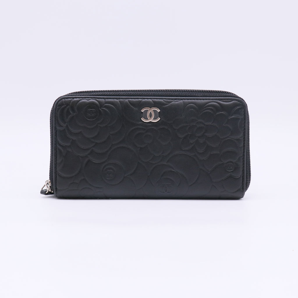 Chanel Camellia Embossed Lambskin Leather Zip Around Long Wallet W22900