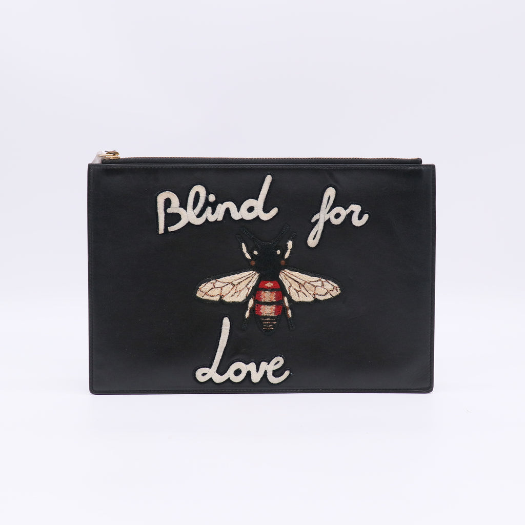 Gucci Black Leather Embroidered Blind For Love Bee Zip Pouch twins W22443