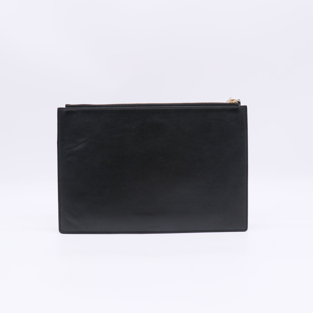 Gucci Black Leather Embroidered Blind For Love Bee Zip Pouch twins W22443