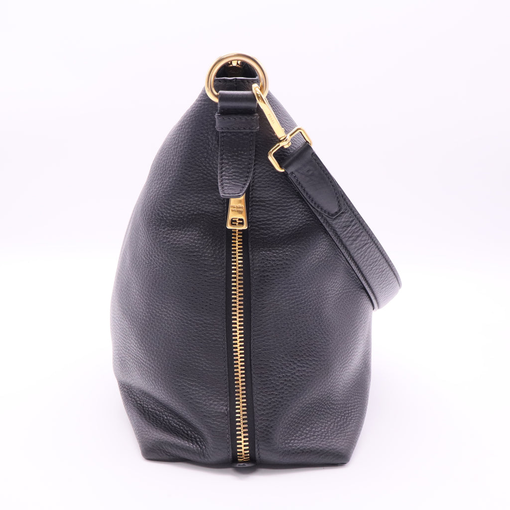 Prada Vitello Daino Zippy Shoulder Bag Nero twins