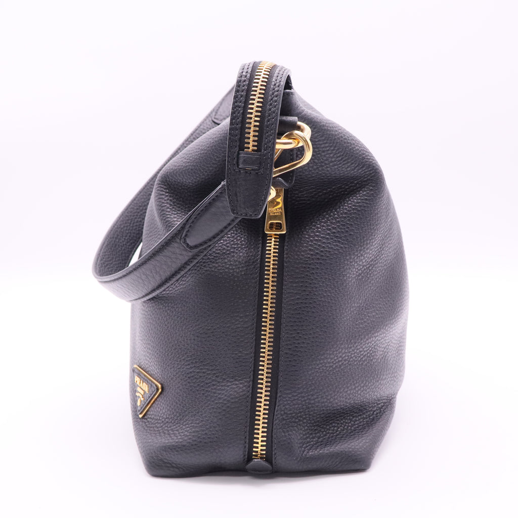 Prada Vitello Daino Zippy Shoulder Bag Nero twins