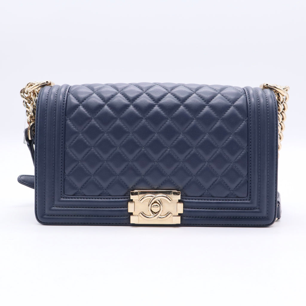 Chanel Navy Blue Quilted Lambskin Leather Medium Boy Bag twins LDJ3490