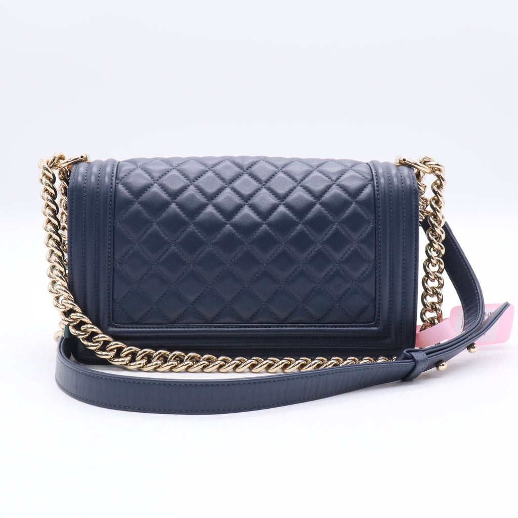 Chanel Navy Blue Quilted Lambskin Leather Medium Boy Bag twins LDJ3490