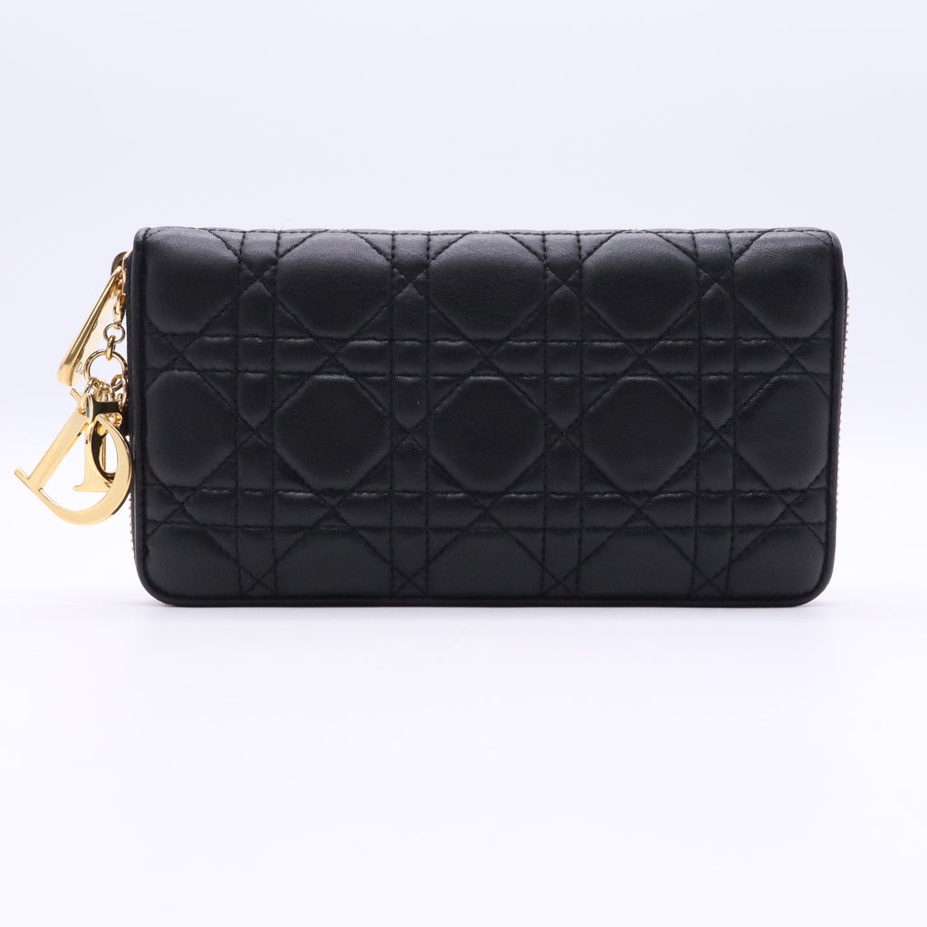 Christian Dior Black Cannage Quilted Lambskin Leather Lady Dior Zippy Wallet twins W20552