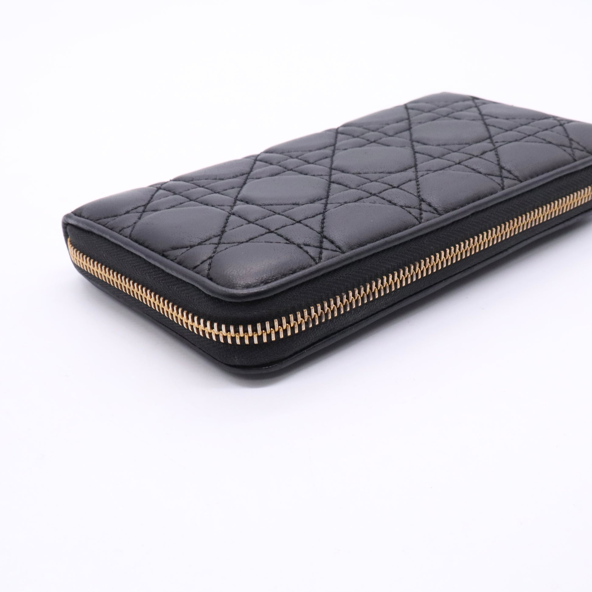 Christian Dior Black Cannage Quilted Lambskin Leather Lady Dior Zippy Wallet twins W20552