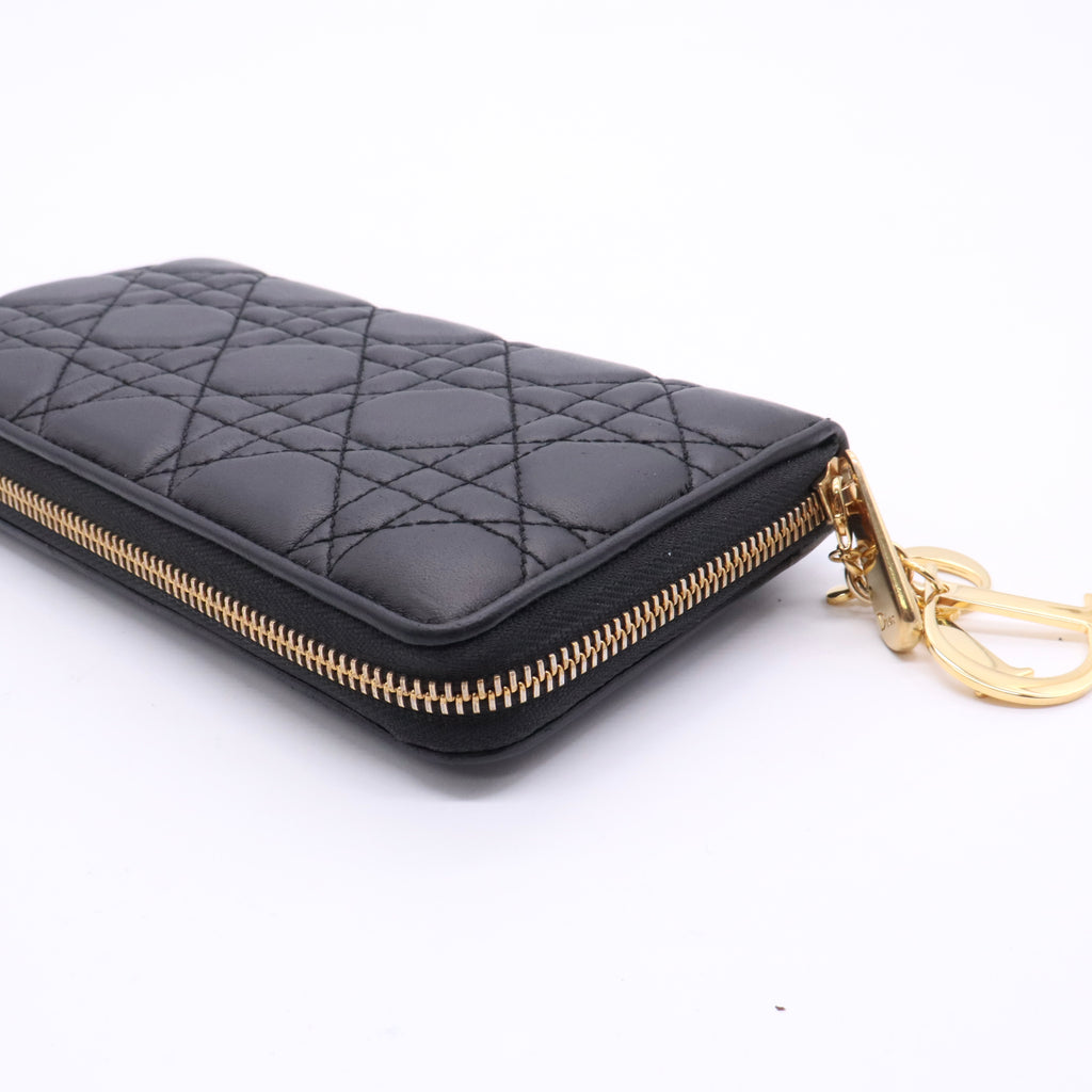 Christian Dior Black Cannage Quilted Lambskin Leather Lady Dior Zippy Wallet twins W20552