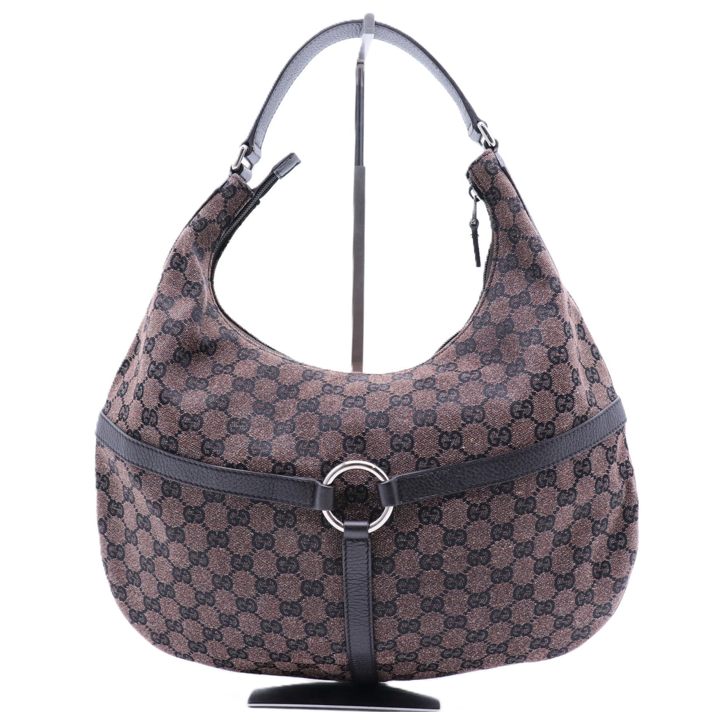 Brown GG Reins Canvas Hobo Bag Dark brown