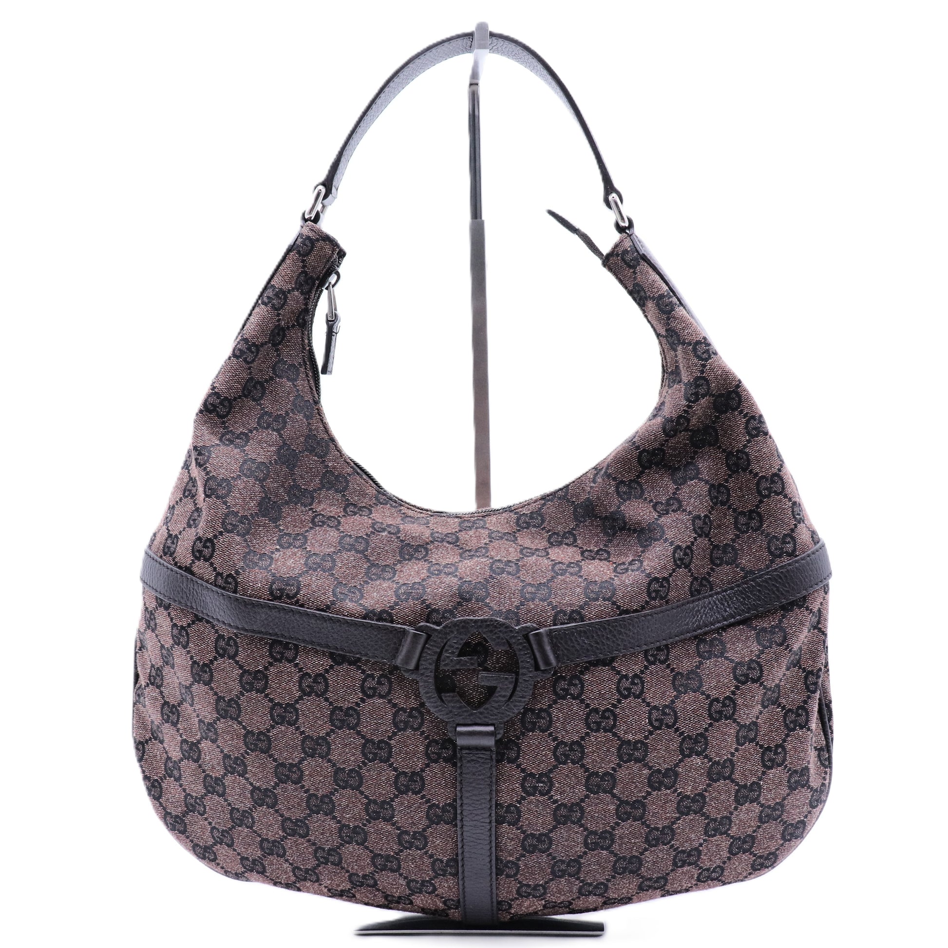 Brown GG Reins Canvas Hobo Bag Dark brown