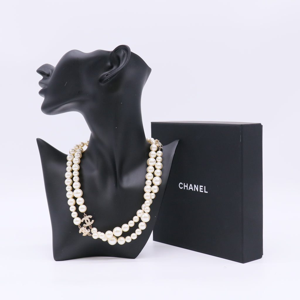 Chanel Ivory Faux Double Strand Necklace with Pearl-Embellished CC Pendants W22953