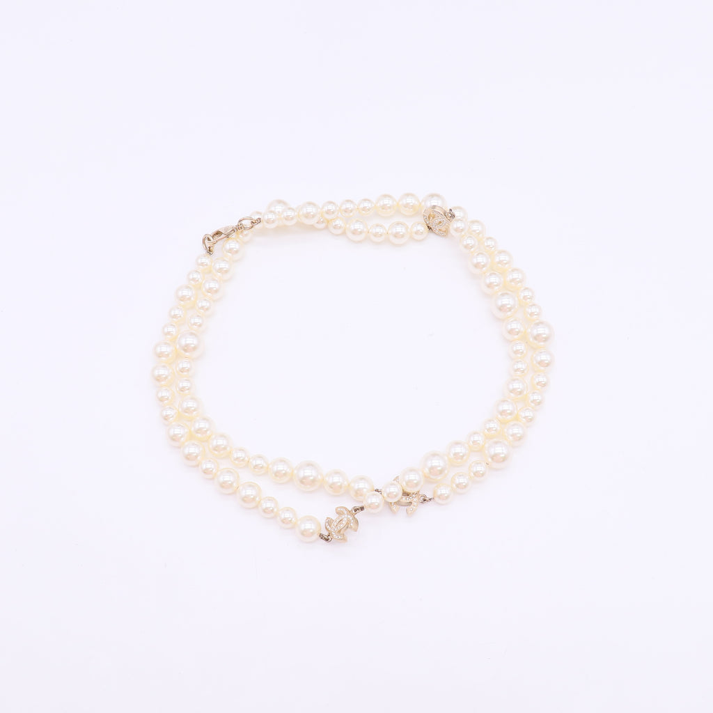 Chanel Ivory Faux Double Strand Necklace with Pearl-Embellished CC Pendants W22953