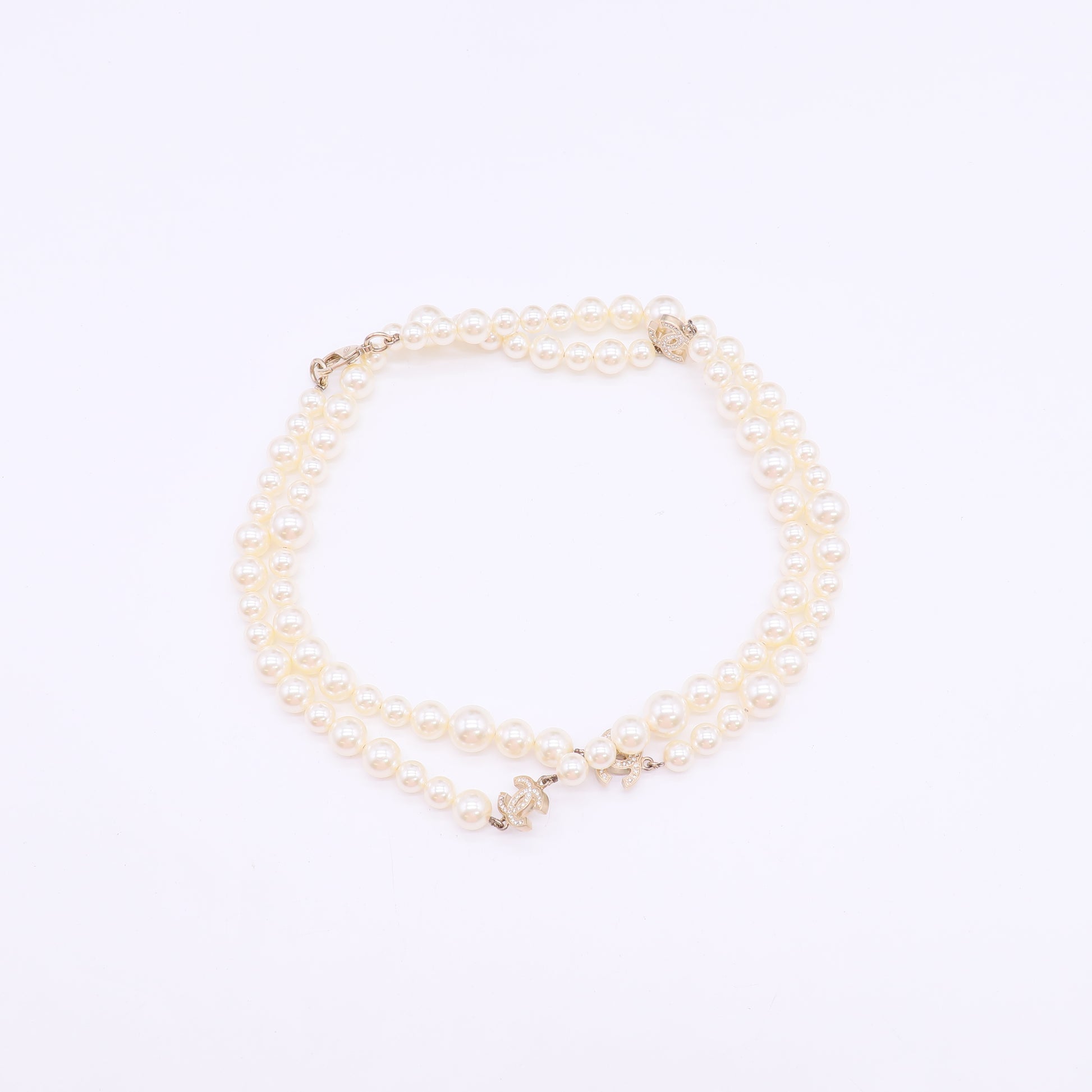 Chanel Ivory Faux Double Strand Necklace with Pearl-Embellished CC Pendants W22953