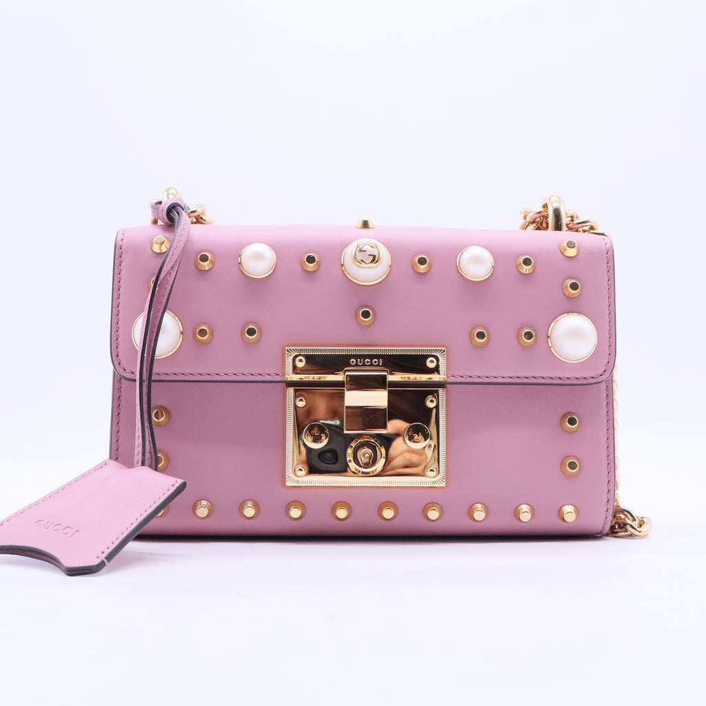 Pink Small Pearl Studded Leather Padlock Crossbody B20085
