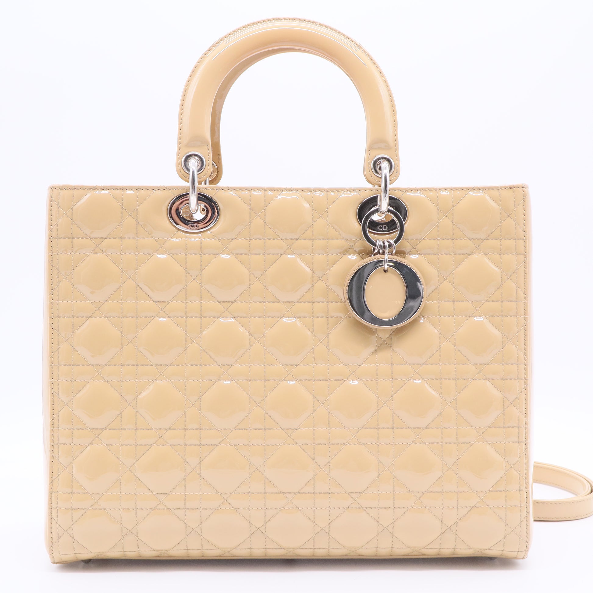 Beige Cannage Quilted Patent Leather Large Lady Dior Bag