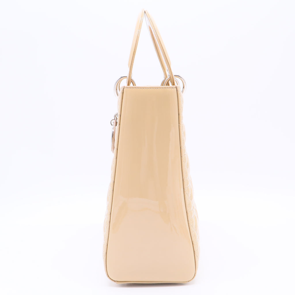Beige Cannage Quilted Patent Leather Large Lady Dior Bag