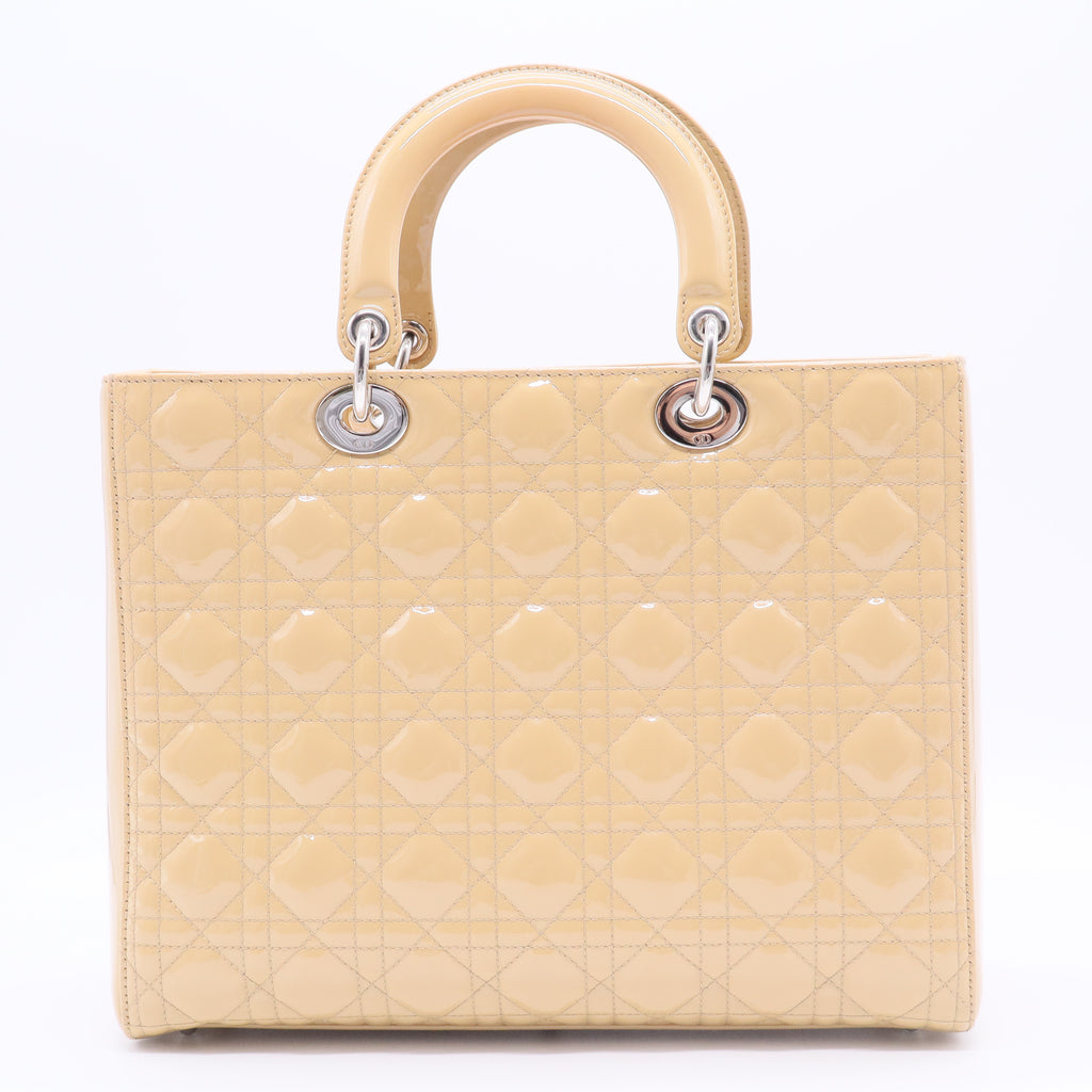 Beige Cannage Quilted Patent Leather Large Lady Dior Bag