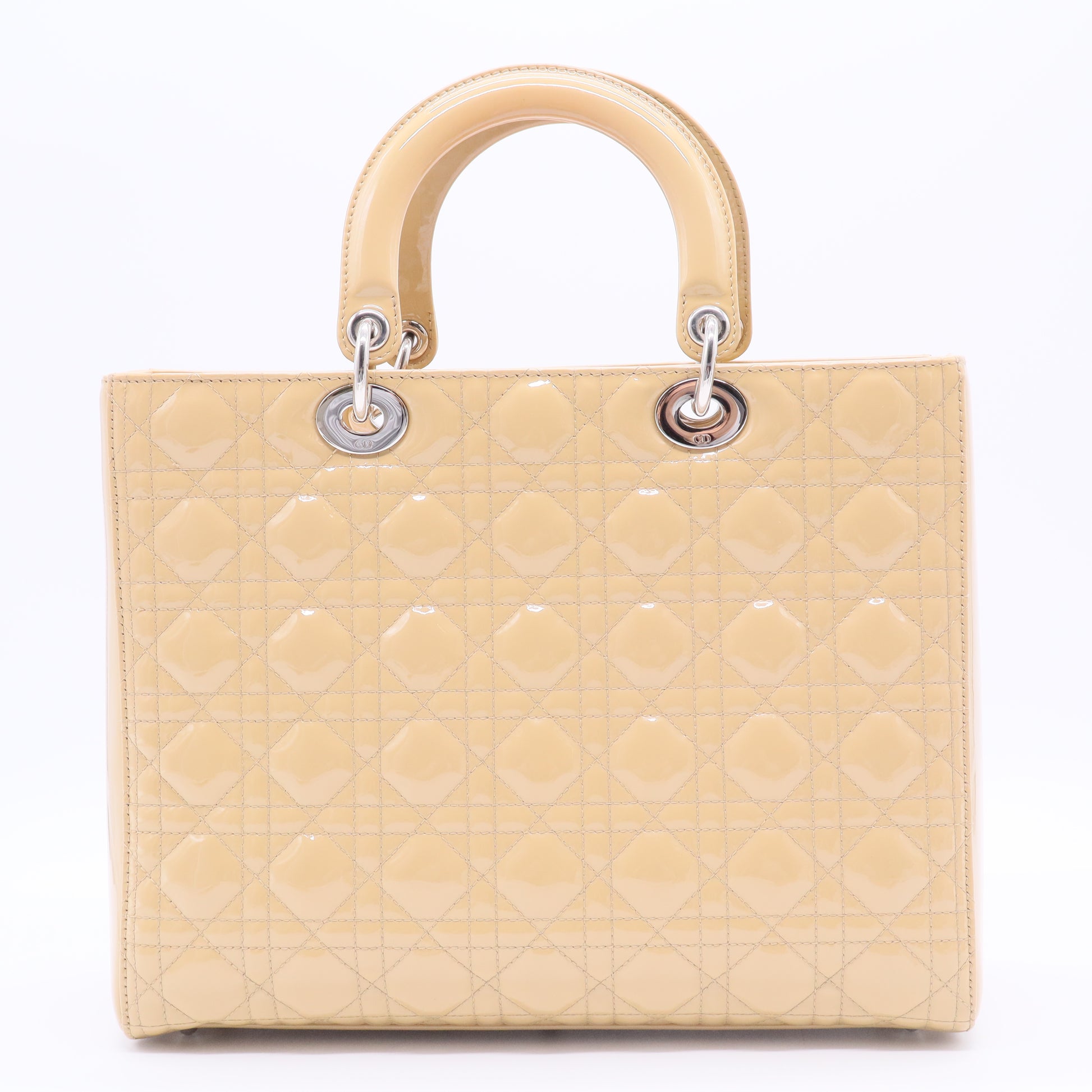 Beige Cannage Quilted Patent Leather Large Lady Dior Bag