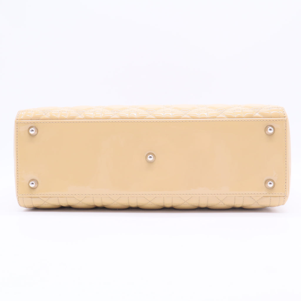 Beige Cannage Quilted Patent Leather Large Lady Dior Bag
