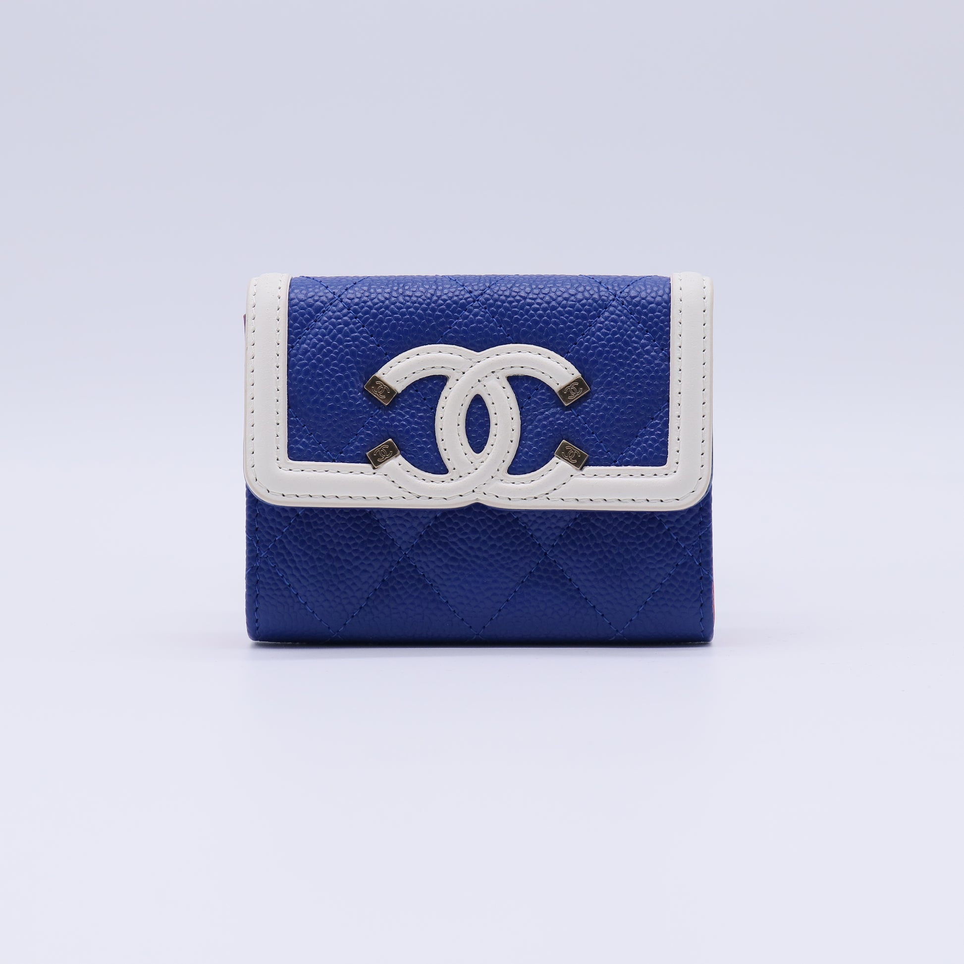 Chanel CC Filigree Caviar Small Trifold Wallet Blue/White W21373