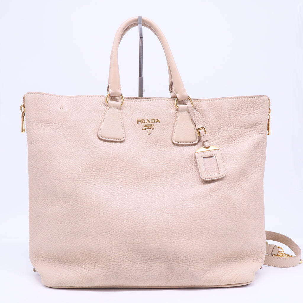 Beige Vitello Daino Leather Side Zip Tote B20742