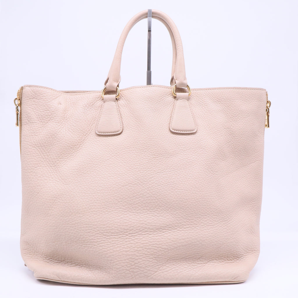 Beige Vitello Daino Leather Side Zip Tote B20742