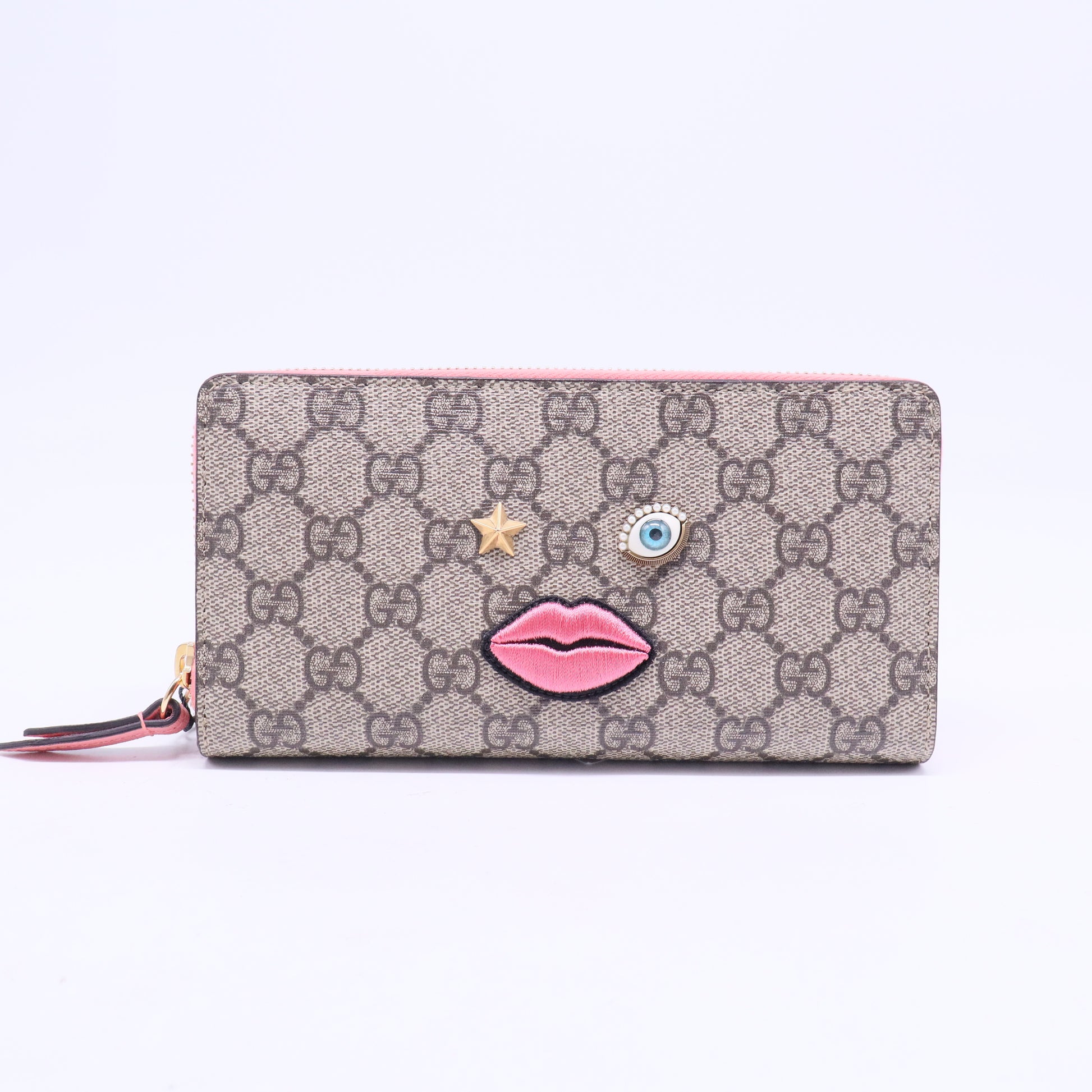 GG Supreme Monogram Embroidered Face Zip Around Wallet Pink W20754