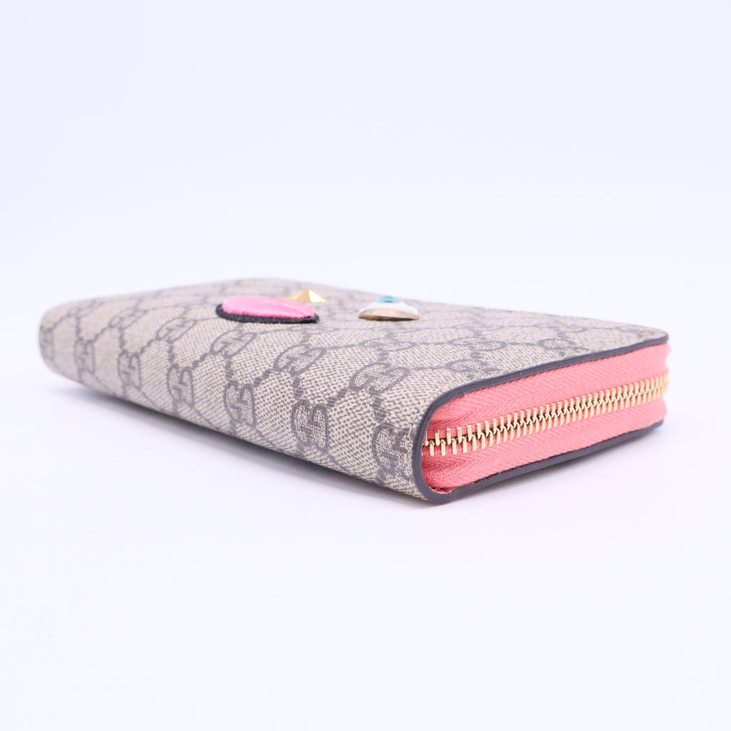 GG Supreme Monogram Embroidered Face Zip Around Wallet Pink W20754