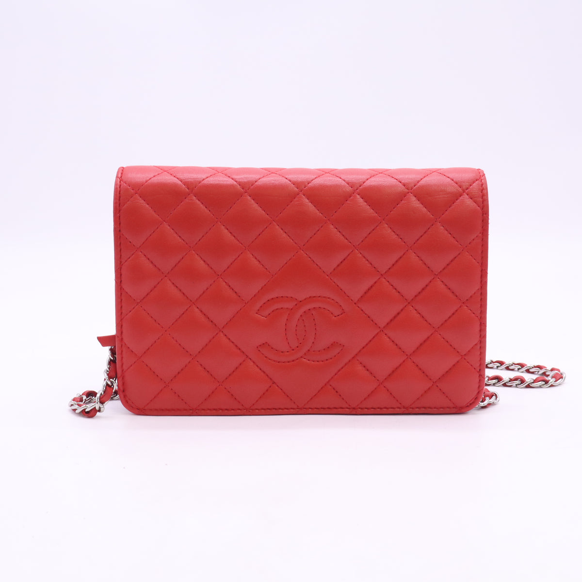 Chanel Red Quilted Lambskin Leather Diamond WOC Clutch Bag Twins B24966