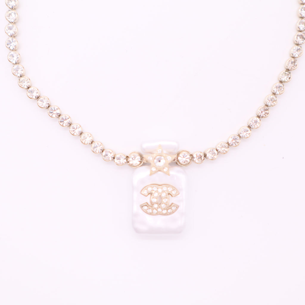 Chanel Cruise 2021 Pearl and Crystal Perfume Bottle Necklace Twins