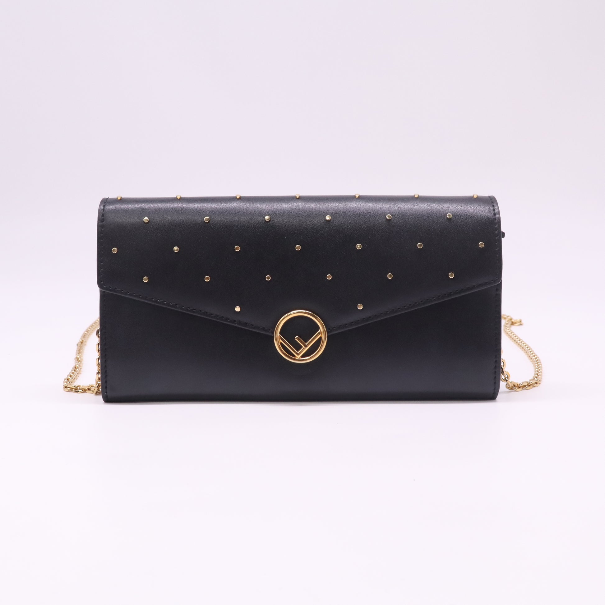 Women's Black Studded Leather Wallet Chain Strap B23222