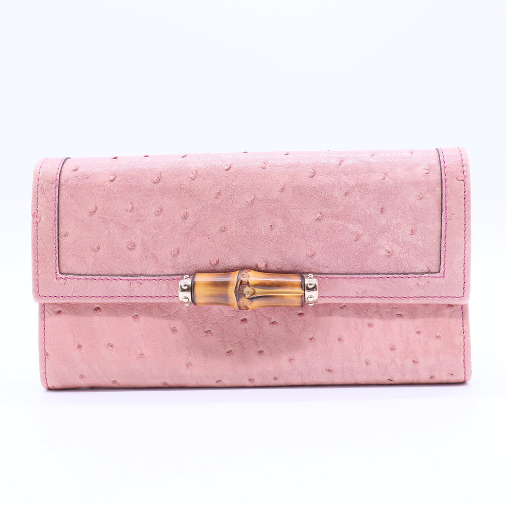 Pink Leather Bamboo Long French Purse Wallet