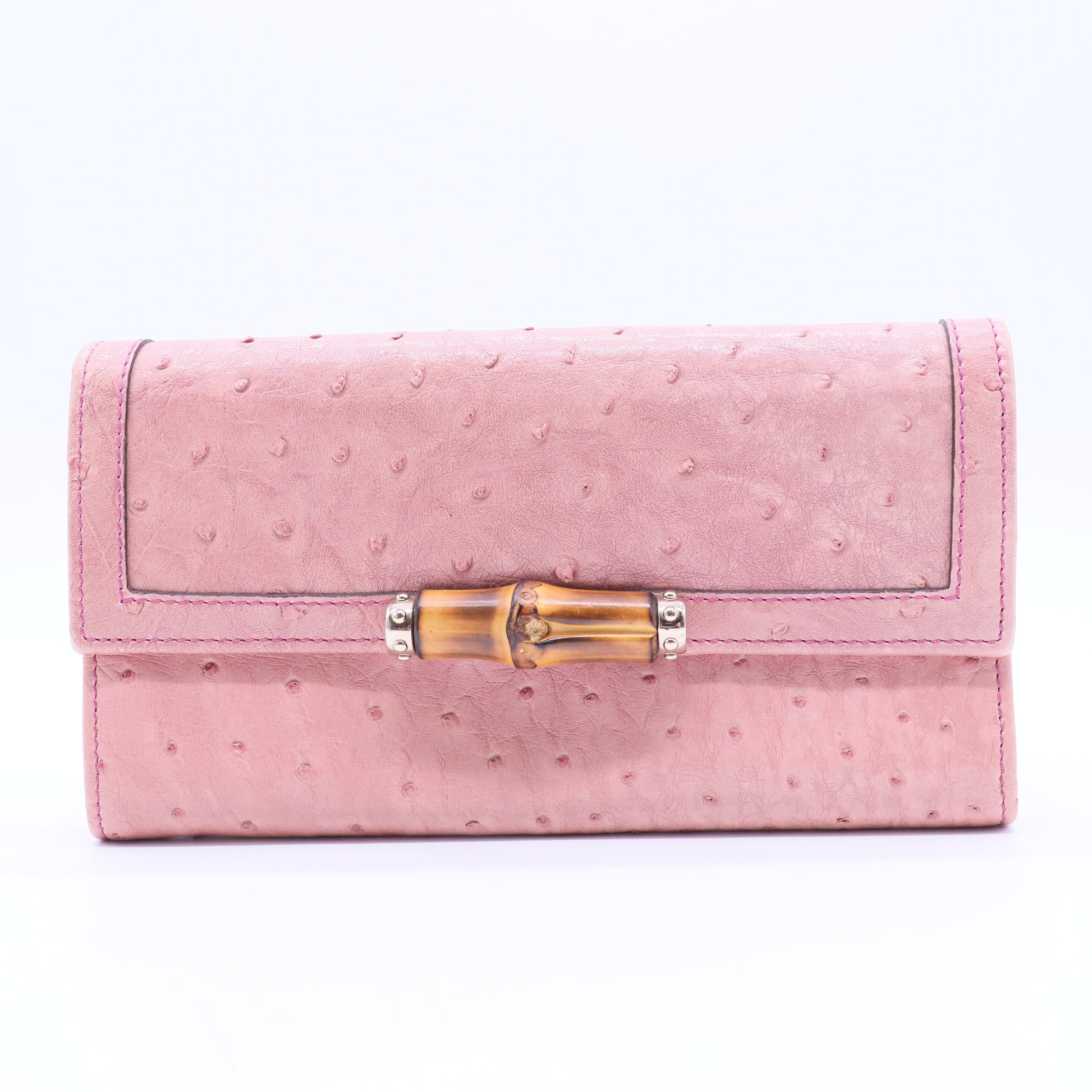 Pink Leather Bamboo Long French Purse Wallet