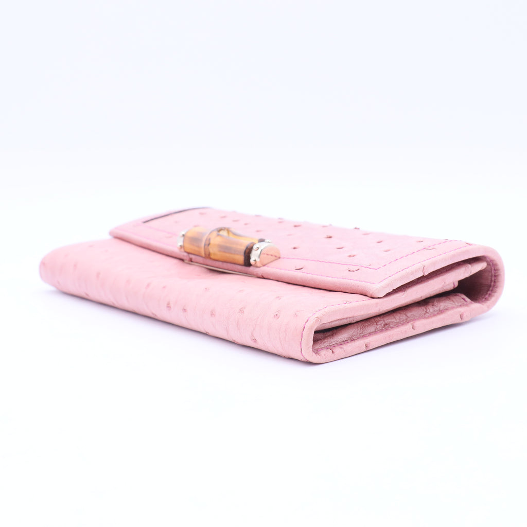 Pink Leather Bamboo Long French Purse Wallet