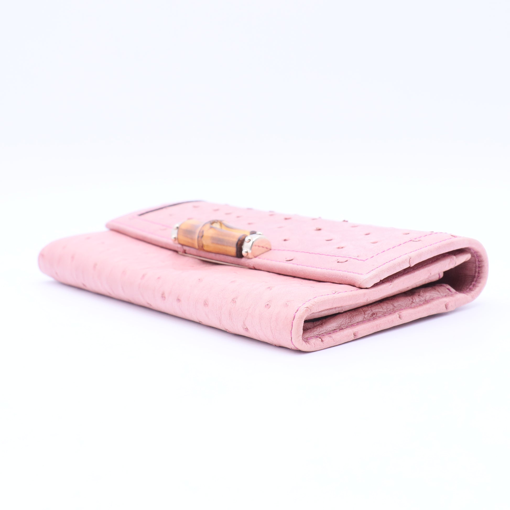 Pink Leather Bamboo Long French Purse Wallet